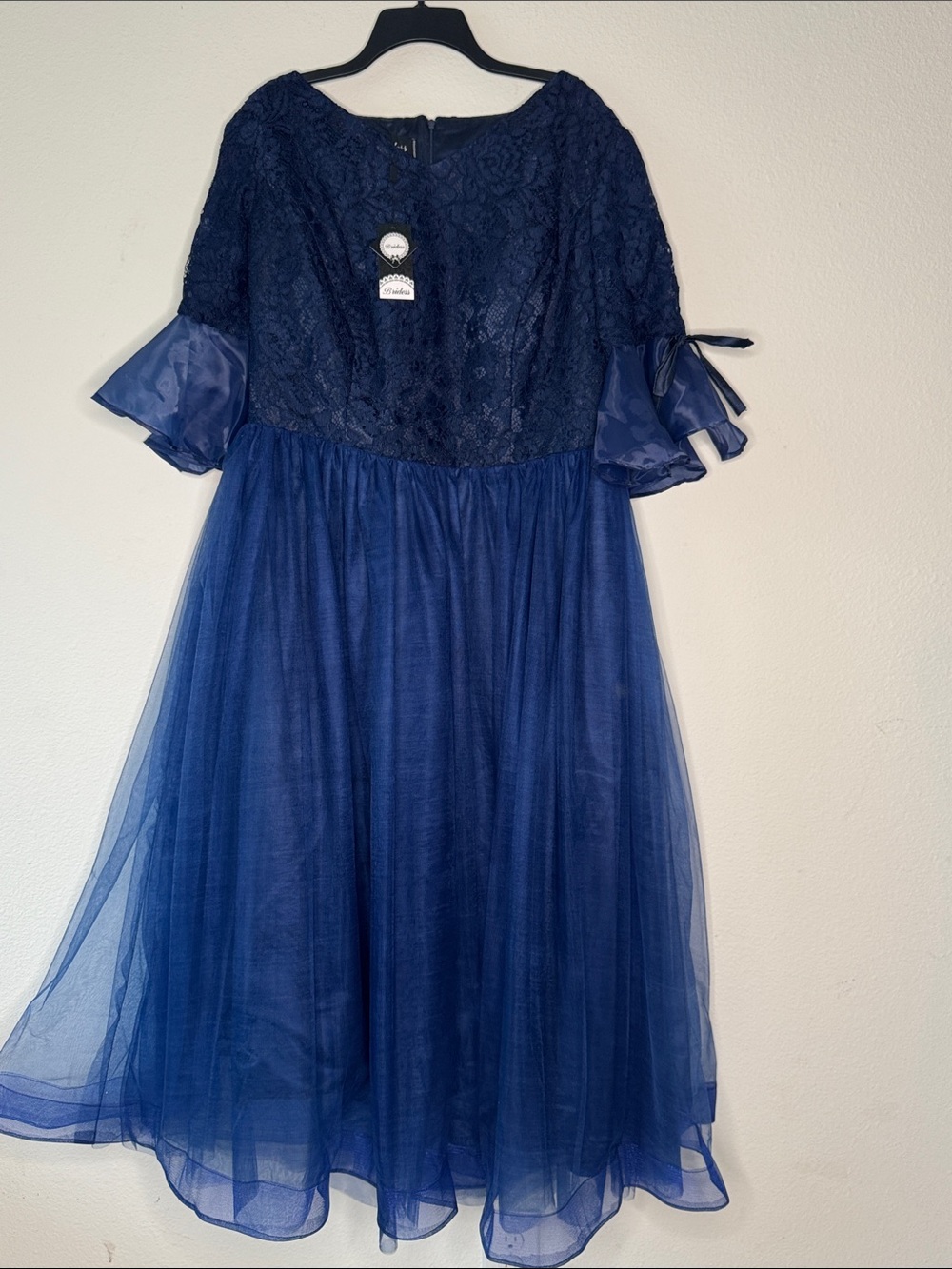 Bridess midi dress gown floral lace bodice bell sleeve tulle skirt 20W NWT